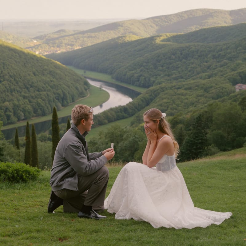 Thomas knielt met een ring op een uitkijkpunt in de Ardennen, Elise slaat verrast de handen voor haar mond